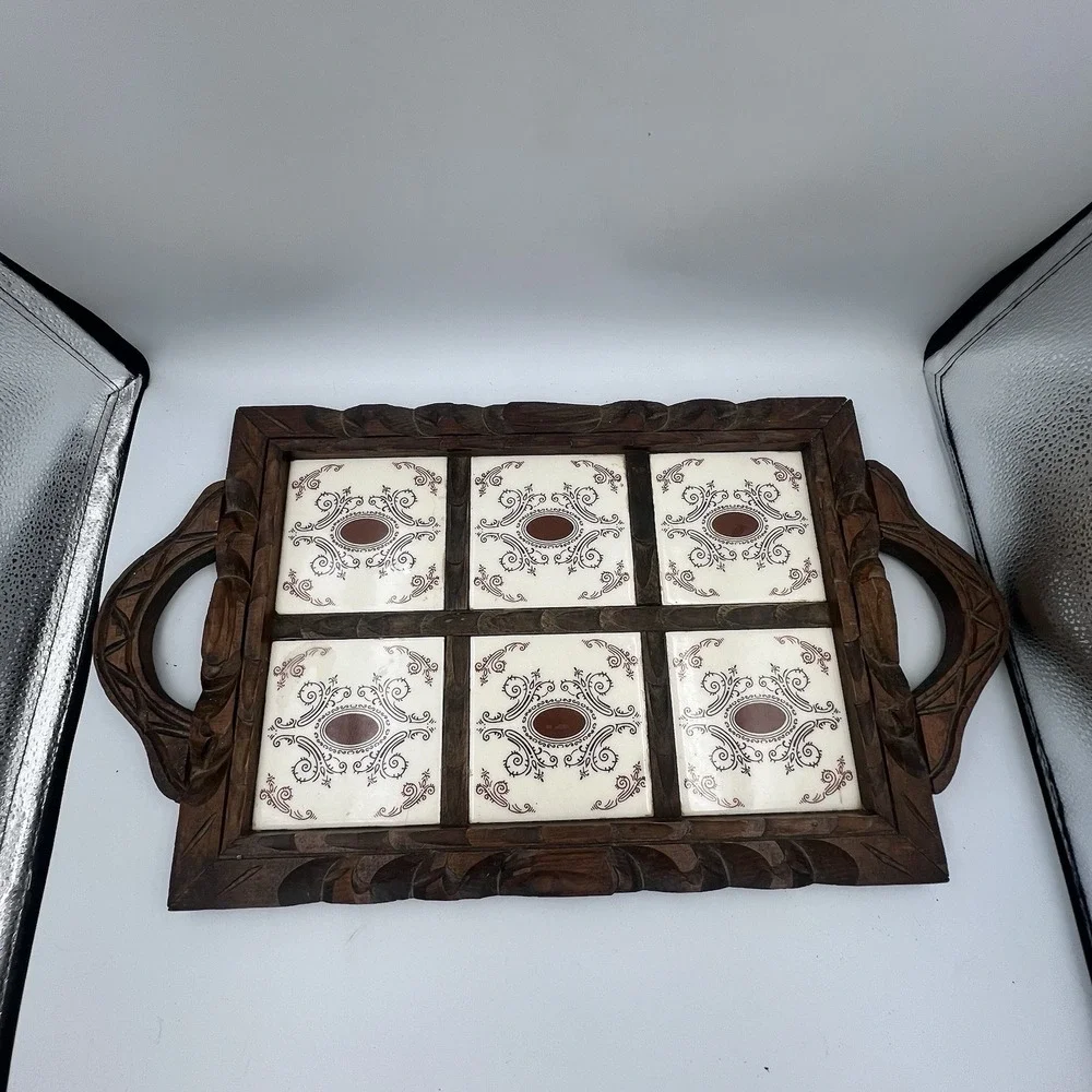 Vintage Hand Carved Mexican Folk Art Wood Serving Tray Ceramic Tiles 22 x 12.5